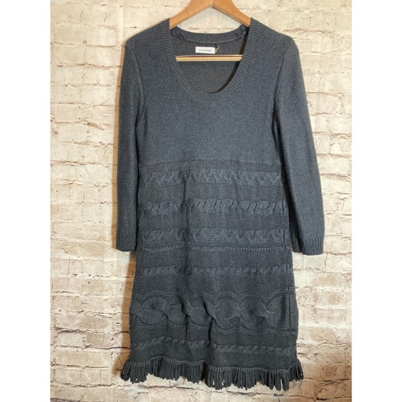 Calvin Klein Sweater Dress Womens XL Charcoal Grey Cable Knit Fringe Edge - Picture 1 of 14